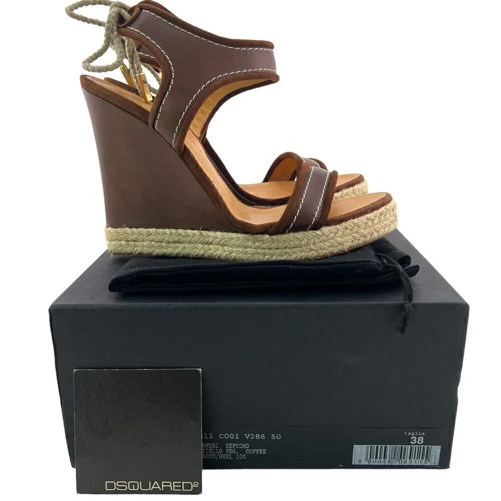New DSQUARED2 Women US 8 Shoes Brown Leather Sandals Back Laced Platform Wedge